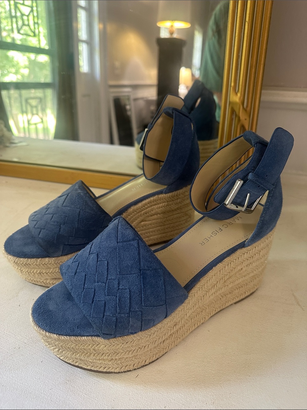 Marc Fisher Alida Blue Suede Espadrille Wedge Sandals Women’s Size 7